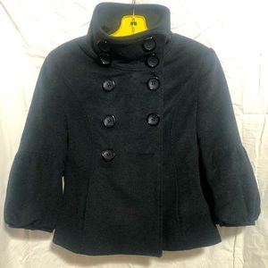 BEBE Small Women’s Waist Length ‘P’ Coat w/ Tapered Bell Sleeves. Black Wool.